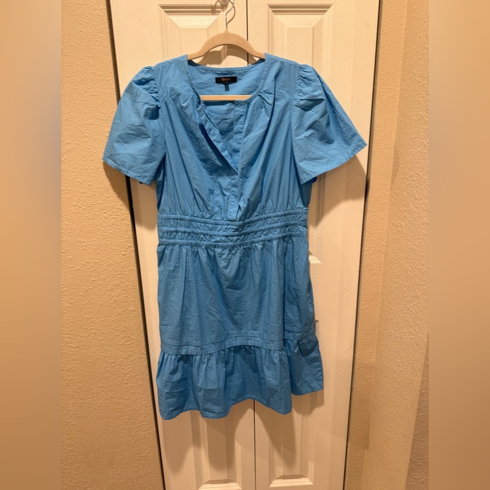 Quince Sky Blue Short Sleeve Smocked Waist Tiered Mini Dress - Picture 8 of 13
